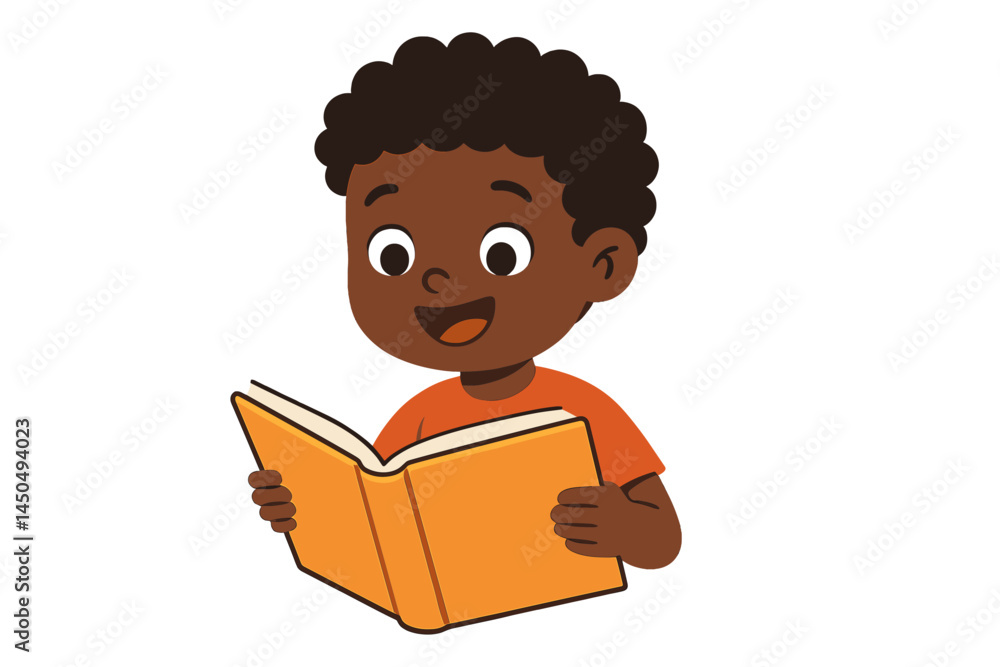 Poster child joyfully reading a book in a flat vector illustration with an engaging expression