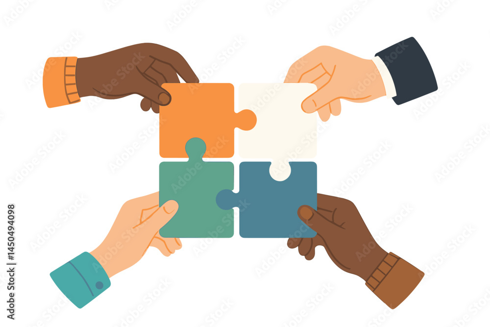 Poster collaborative puzzle assembly by diverse hands showcasing teamwork and creativity during a group pro