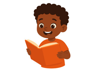 Excited child reading a bright orange book indoors in a cheerful setting during daytime