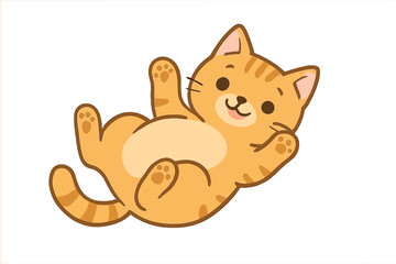 Cute flat vector illustration of a playful orange tabby cat lying on its back in a joyful pose