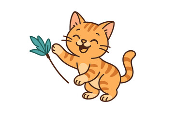 Happy orange tabby cat playing with a leaf in a cheerful flat vector illustration
