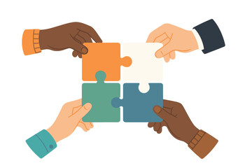 Collaborative puzzle assembly by diverse hands showcasing teamwork and creativity during a group project