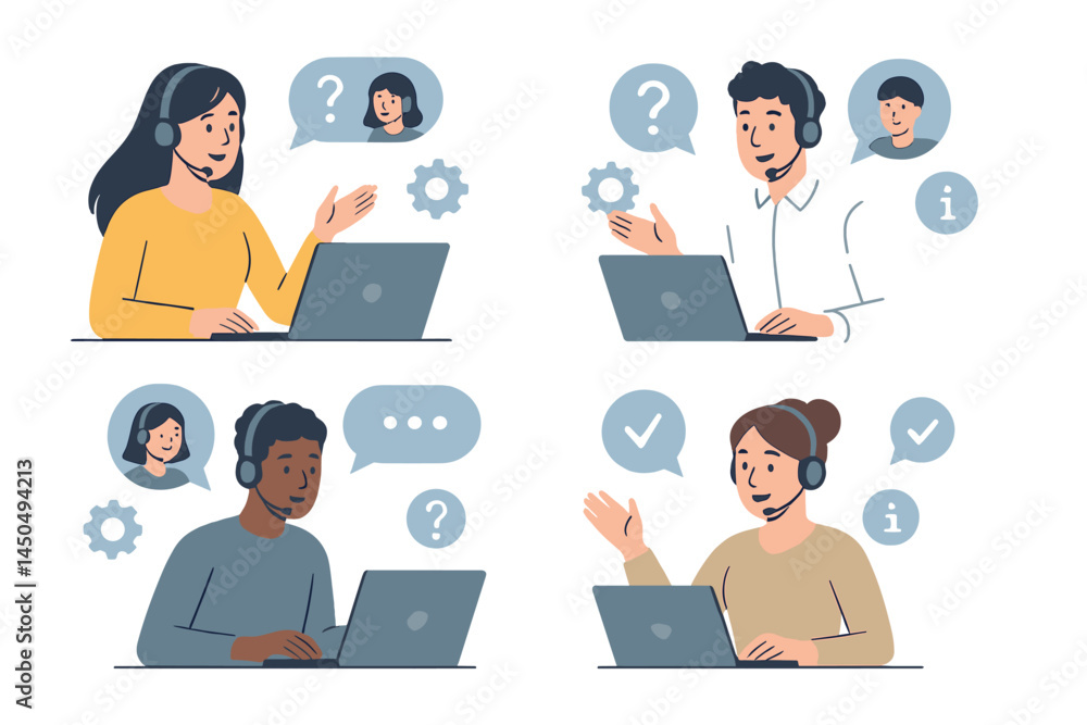 Poster diverse customer support team assisting clients through virtual communication during a busy workday