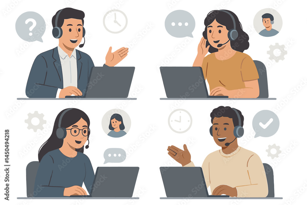 Poster customer support representatives engaging with clients through calls in a flat vector illustration d