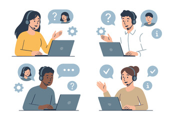 Diverse customer support team assisting clients through virtual communication during a busy workday