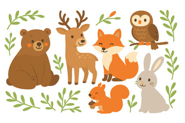 Cute forest animals gathered together in a cheerful and playful flat vector illustration