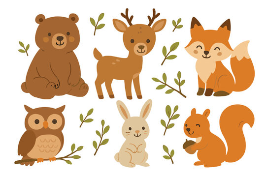 Cute flat vector illustration of forest animals featuring a bear, deer, fox, owl, rabbit, and squirrel among leaves and branches