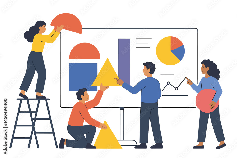 Poster team collaborates on data visualization in a modern office environment with flat vector design