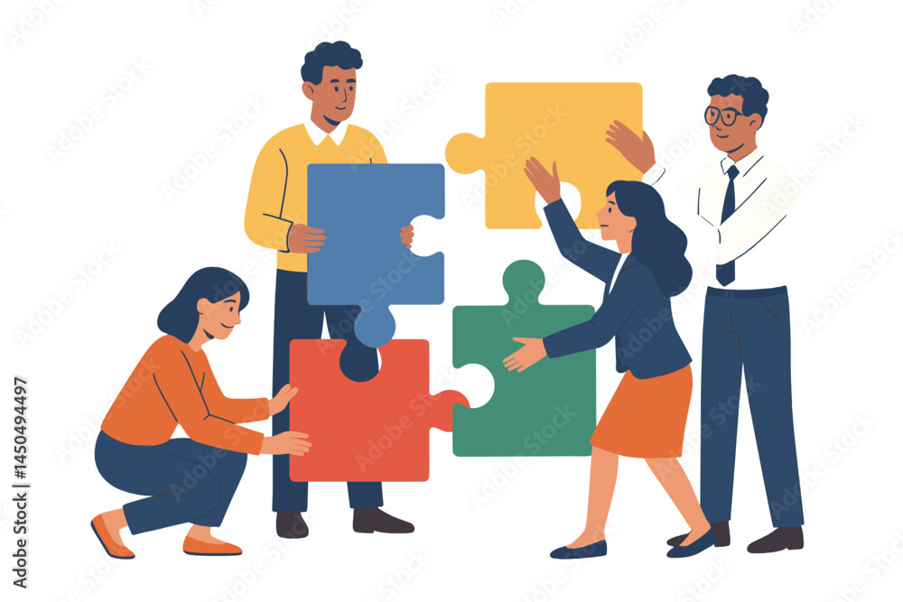 Poster group of diverse people collaborating and assembling colorful puzzle pieces to solve a problem