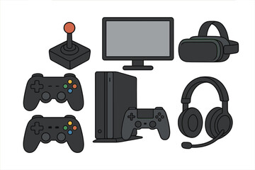 Vector illustration showcasing gaming equipment including controllers, a monitor, and virtual reality headset in a playful arrangement