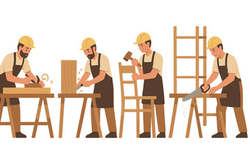 Craftsmen engaged in woodworking tasks illustrating various techniques and skills in a workshop setting