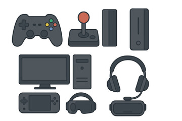 Collection of gaming devices including controllers, consoles, and accessories in flat vector style