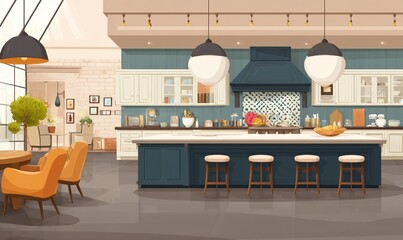 Modern open-plan kitchen, breakfast area, interior design, contemporary style, showcasing spaciousness and functionality