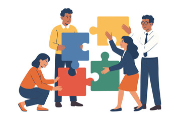 Group of diverse people collaborating and assembling colorful puzzle pieces to solve a problem