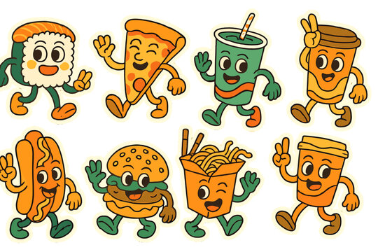 Fun and playful food characters dancing happily together in a vibrant vector illustration