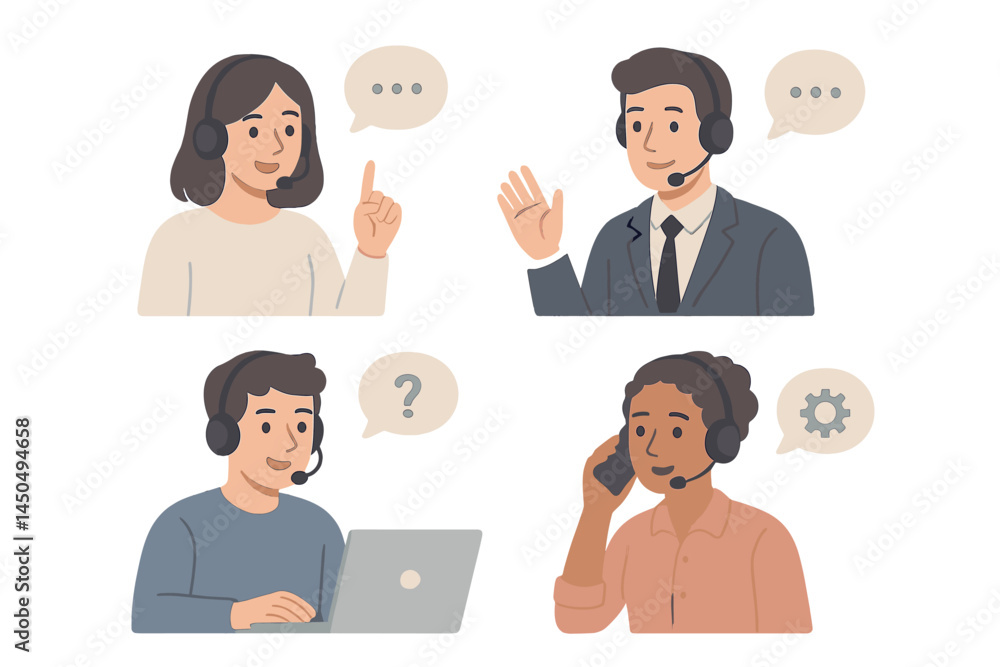 Poster customer support representatives engaged in conversation and assistance through various communicatio