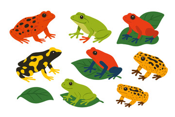 Obraz premium Colorful collection of various frog species on green leaves in a flat vector illustration style showcasing biodiversity