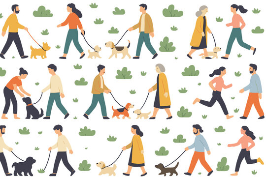 Dog owners walking their pets in a lively park setting during a sunny day