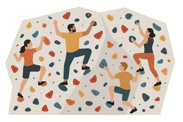 Climbers engaging in bouldering on a vibrant indoor rock wall in a fitness center during an afternoon activity