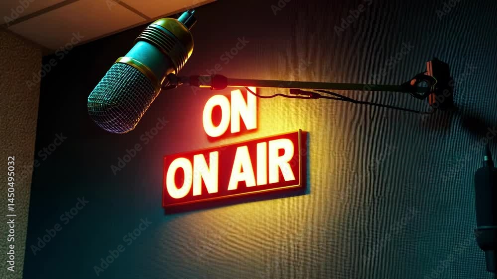 Poster purple stage lighting highlighting vintage microphone, casting dramatic shadows for live music perfo
