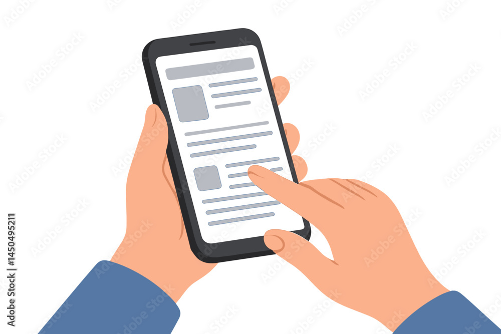 Poster using a smartphone to browse content in a flat vector illustration
