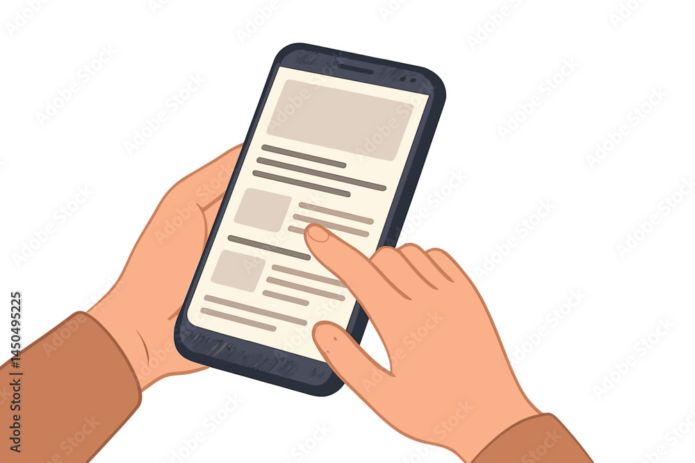 Poster hands interacting with a smartphone displaying a simple flat vector illustration of a mobile interfa