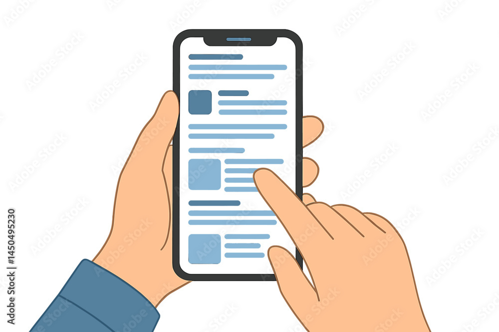 Aufkleber hands interacting with a smartphone while browsing social media content in a bright and modern setti