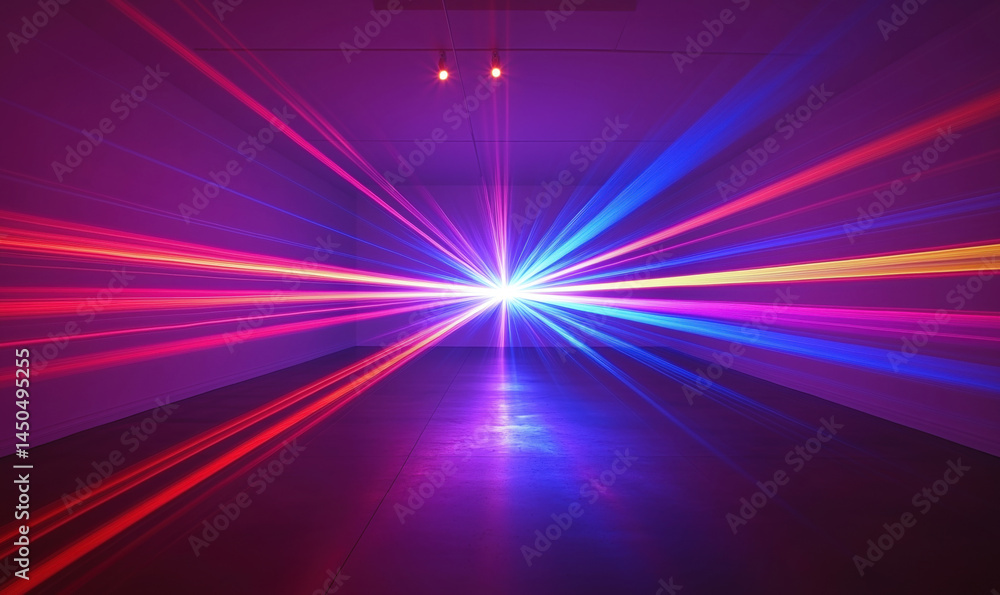 Poster vibrant laser light installation creating dynamic visual effects in modern art gallery.