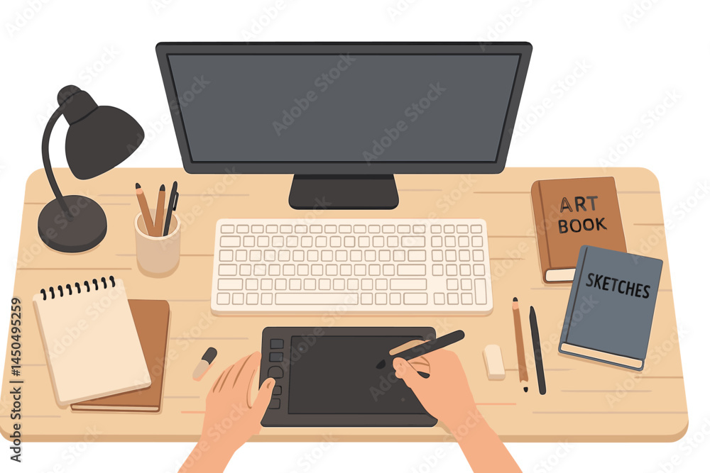 Poster creating digital artwork at a modern workspace with drawing tablet and sketchbooks