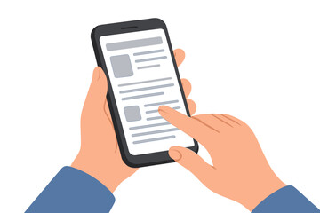 Using a smartphone to browse content in a flat vector illustration