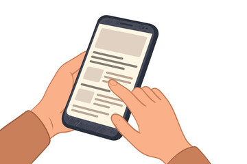 Hands interacting with a smartphone displaying a simple flat vector illustration of a mobile interface