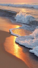 Golden sunrise waves on the beach, tranquil morning scene, perfect for relaxation, wallpaper, prints, or social media