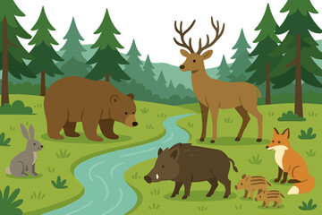 Bears, deer, and foxes gather near a sparkling stream in a vibrant woodland setting during a sunny day