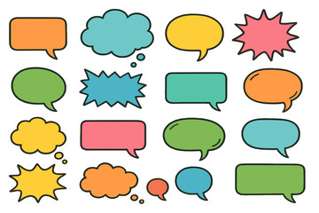 Colorful flat vector illustration of various speech bubbles with different shapes and colors for creative communication concepts