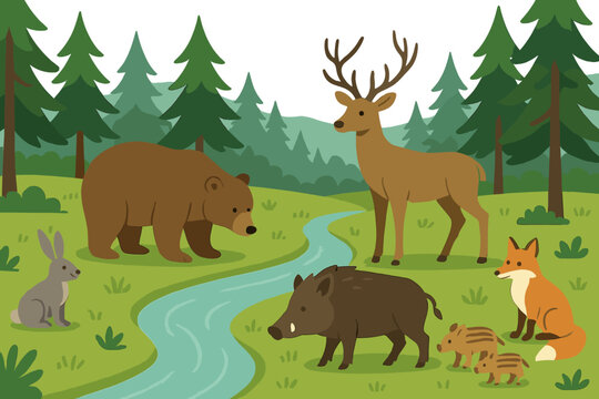 Bears, deer, and foxes gather near a sparkling stream in a vibrant woodland setting during a sunny day