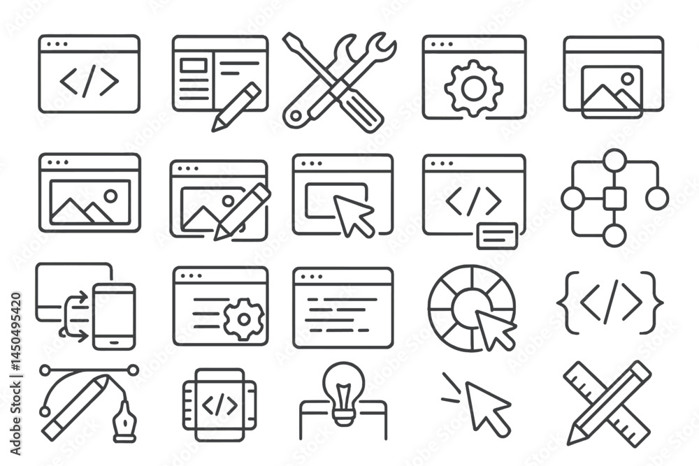Poster vector illustration showcasing web design tools and activities, featuring coding elements and graphi