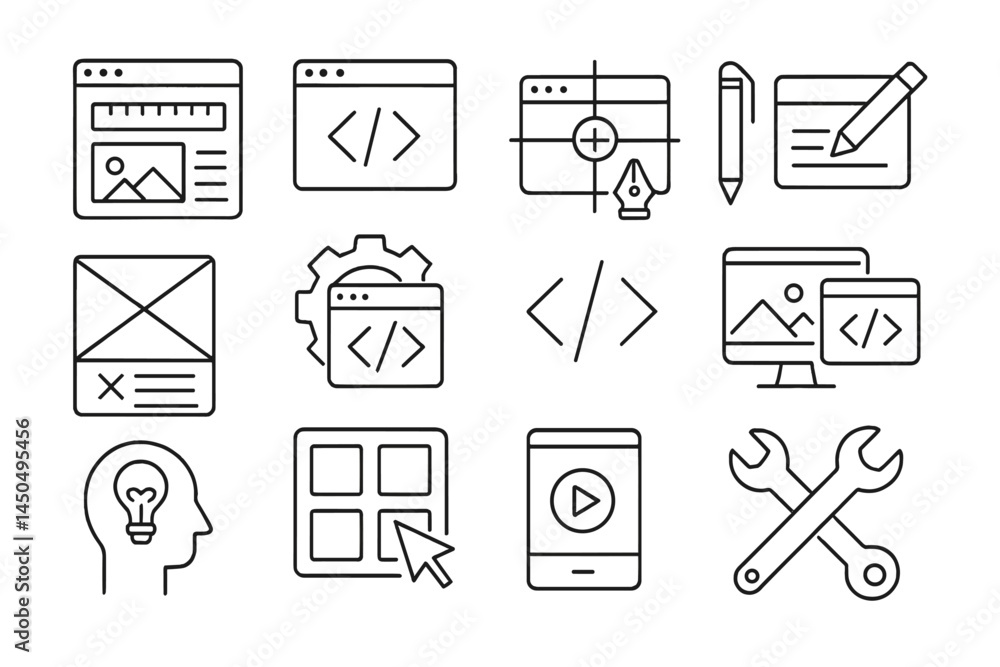 Poster vector illustration of web design elements showcasing coding, development tools, and creative proces