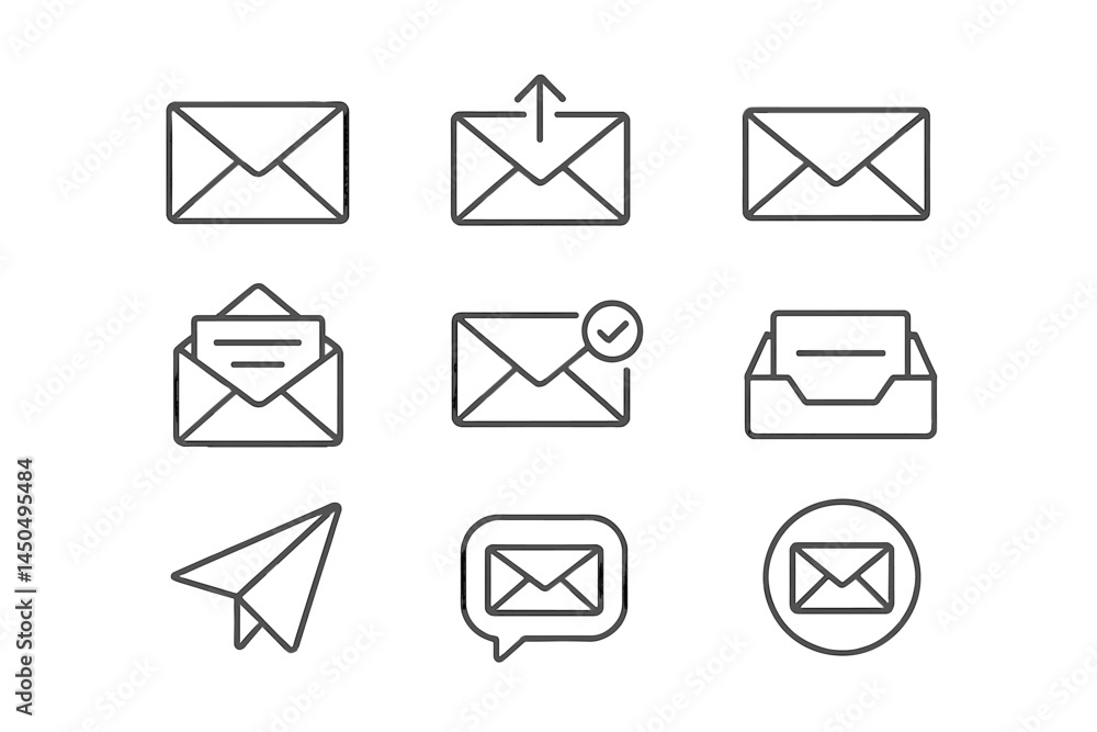 Poster simple flat vector illustration of various envelope icons representing communication and message sen