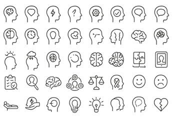 Collection of flat vector icons representing mental health concepts and emotional well-being in various designs and styles