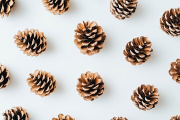 Flatlay of brown pine cones on white background
