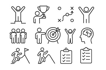 Flat vector illustration depicting teamwork and achievement with icons representing success, strategy, and goal setting in various activities
