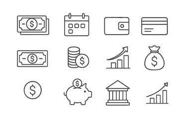 Flat vector illustration depicting various financial elements including money, graphs, and a bank in a minimalist style