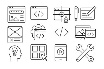 Vector illustration of web design elements showcasing coding, development tools, and creative processes in a digital workspace