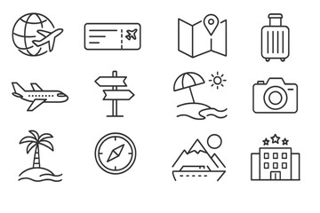 Travel icons set featuring symbols of adventure, exploration, and vacation activities including planes, maps, and tropical destinations