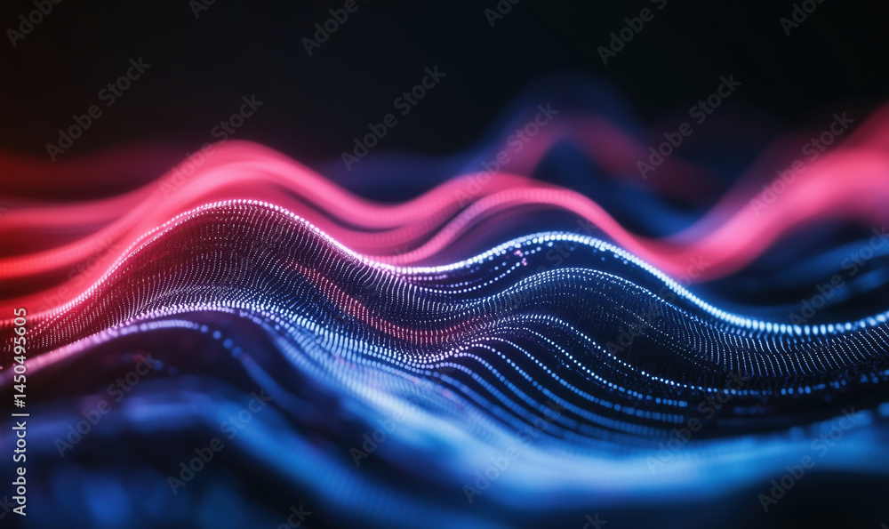Poster colorful abstract wave patterns with glowing dots in red and blue tones.