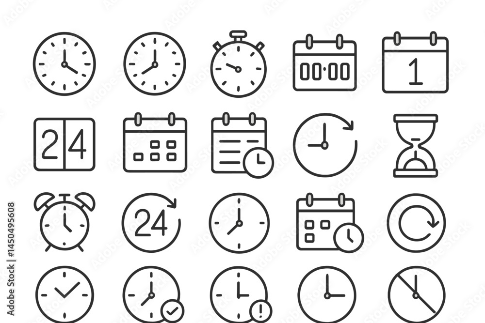 Poster collection of flat vector clocks and calendars representing various timekeeping elements