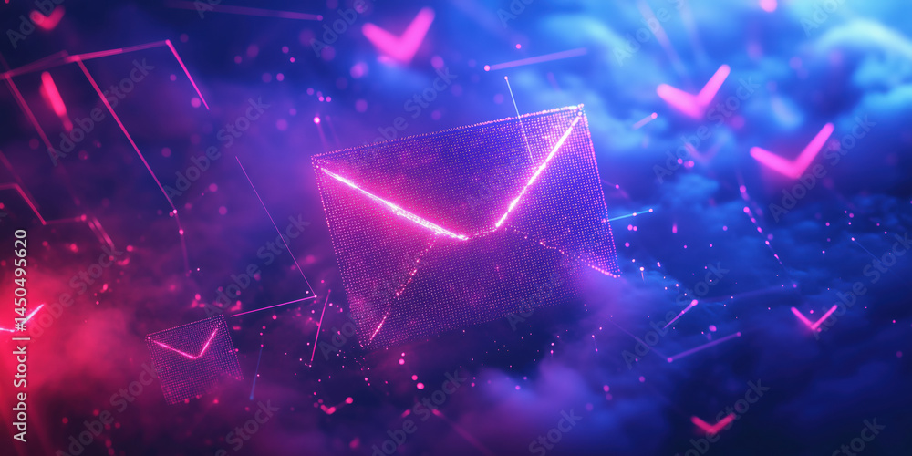 Poster digital mail icons floating in vibrant neon colors with glowing effects.