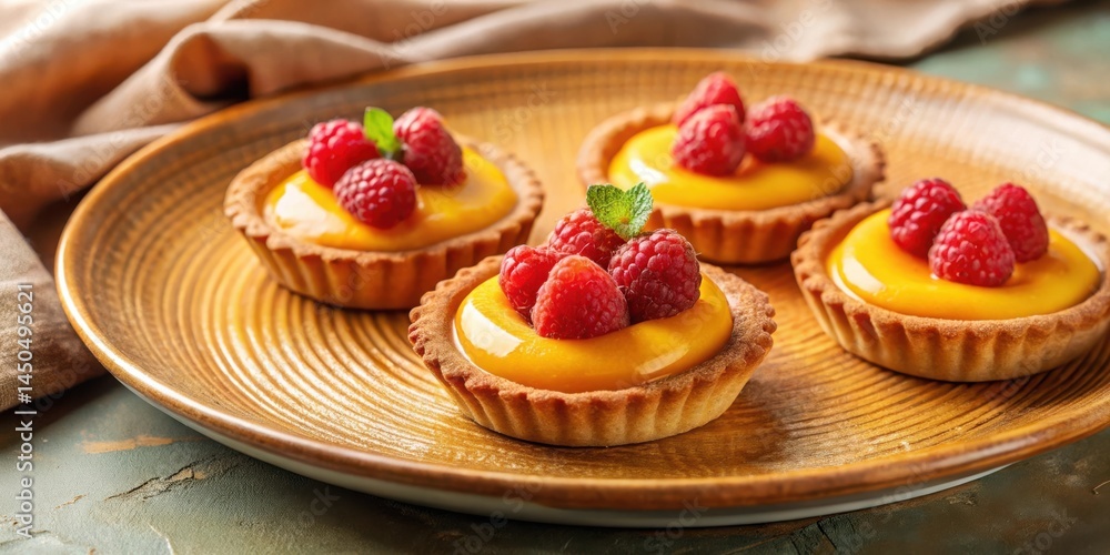 Poster lemon tartlets decorated with fresh raspberries and a touch of mint on a rustic wooden table