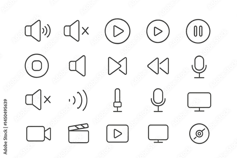 Poster flat vector illustration of multimedia icons for sound and video controls in a modern design style
