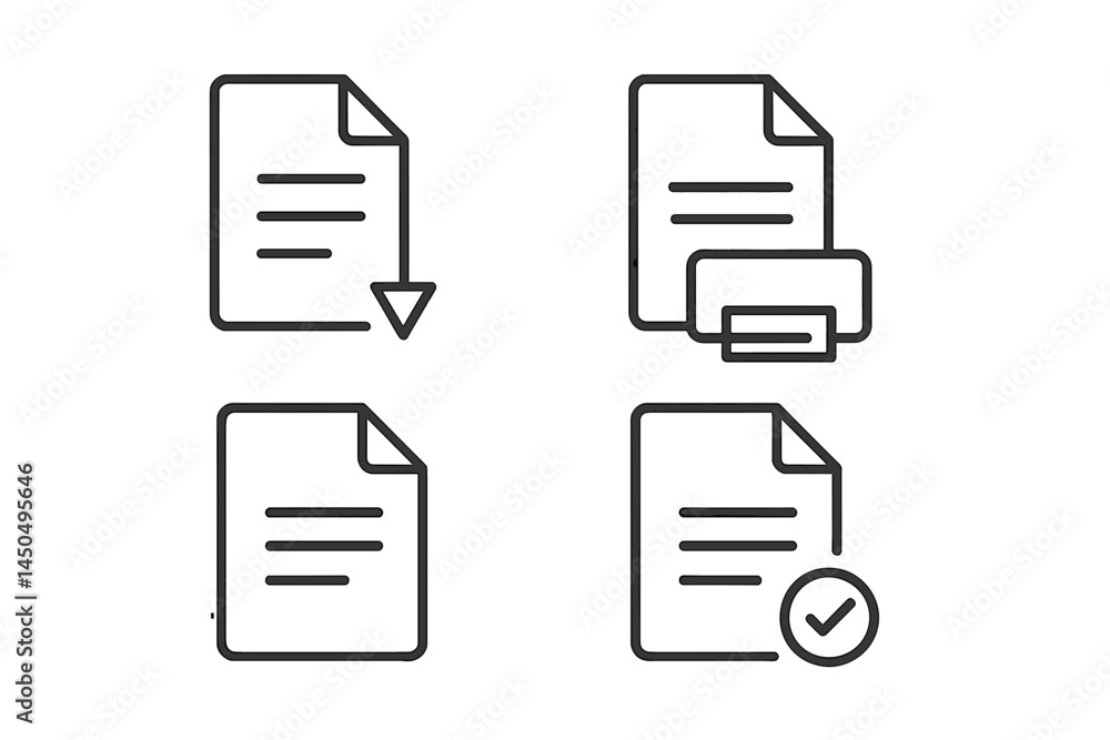Poster vector illustration of document icons representing various actions such as download, print, and chec